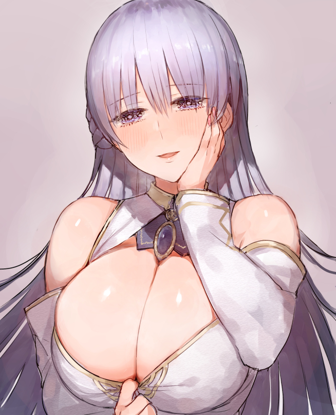 1girl azur_lane bangs blush breasts c.cu cleavage curvy detached_sleeves eyebrows_visible_through_hair half-closed_eyes hand_on_own_cheek huge_breasts looking_at_viewer parted_lips pulled_by_self rodney_(azur_lane) silver_hair smile solo upper_body violet_eyes