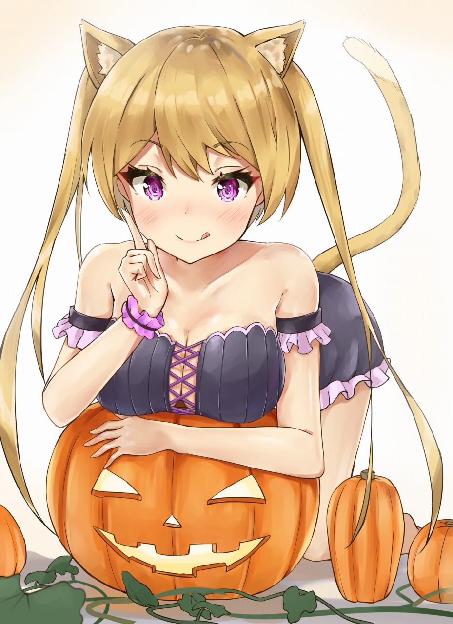 1girl :q animal_ears arm_rest armband bangs bare_shoulders bent_over black_dress blonde_hair blush cat_ears cat_girl cat_tail closed_mouth collarbone commentary_request dress eyebrows_visible_through_hair frilled_dress frills highres index_finger_raised jack-o'-lantern kneeling long_hair looking_at_viewer original plant pumpkin racchi. simple_background smile solo tail tongue tongue_out tsurime twintails very_long_hair vines violet_eyes white_background wrist_cuffs
