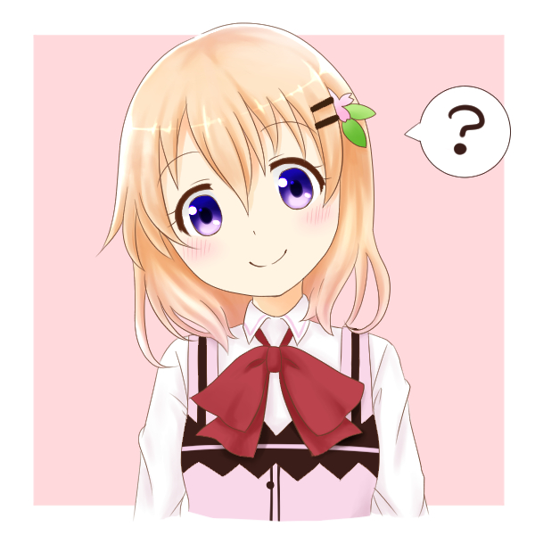 1girl ? bangs blush bow bowtie breasts buttons closed_mouth collared_shirt eyebrows_visible_through_hair gochuumon_wa_usagi_desu_ka? hair_between_eyes hair_ornament hairclip head_tilt hoto_cocoa looking_at_viewer lunatic. orange_hair pink_background pink_vest portrait red_neckwear shirt short_hair small_breasts smile solo speech_bubble spoken_question_mark violet_eyes wing_collar