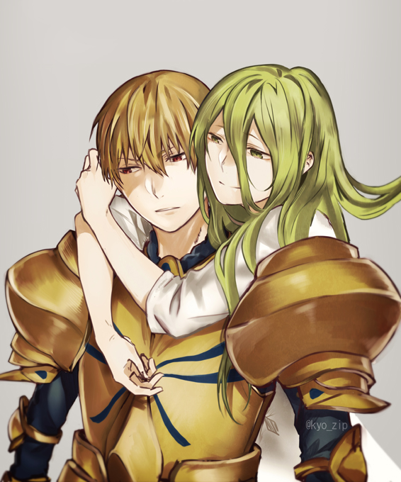 2boys androgynous armor blonde_hair breastplate closed_mouth dress enkidu_(fate/strange_fake) eyebrows_visible_through_hair fate/prototype fate/prototype:_fragments_of_blue_and_silver fate_(series) gilgamesh grey_background hair_between_eyes hug hug_from_behind kyou_zip long_hair male_focus multiple_boys pauldrons red_eyes signature simple_background smile white_dress yellow_eyes