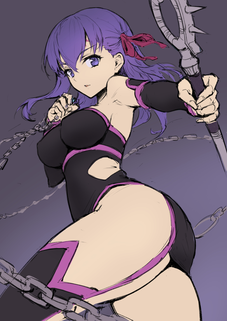 1girl ass bare_shoulders black_dress breasts chains cosplay detached_sleeves dress erect_nipples facial_mark fate/stay_night fate_(series) forehead_mark garter_straps hair_ribbon haoni long_hair matou_sakura medium_breasts nameless_dagger purple_hair ribbon rider rider_(cosplay) side_ribbon sketch solo thigh-highs violet_eyes weapon