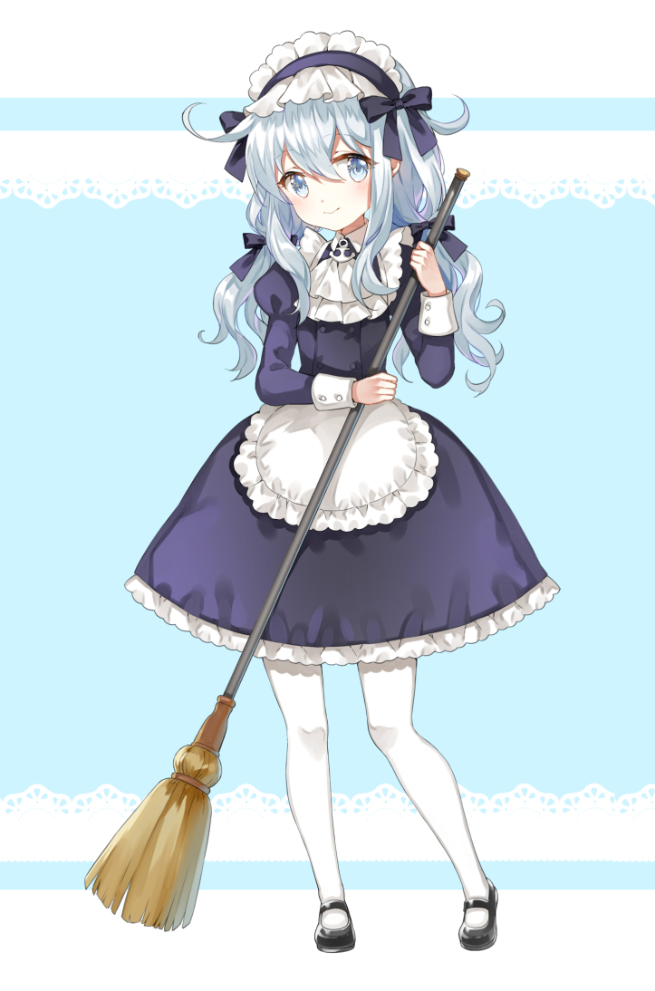 blue_eyes broom hibiki_(kantai_collection) kantai_collection long_hair maid pantyhose shiosoda white_hair white_legwear