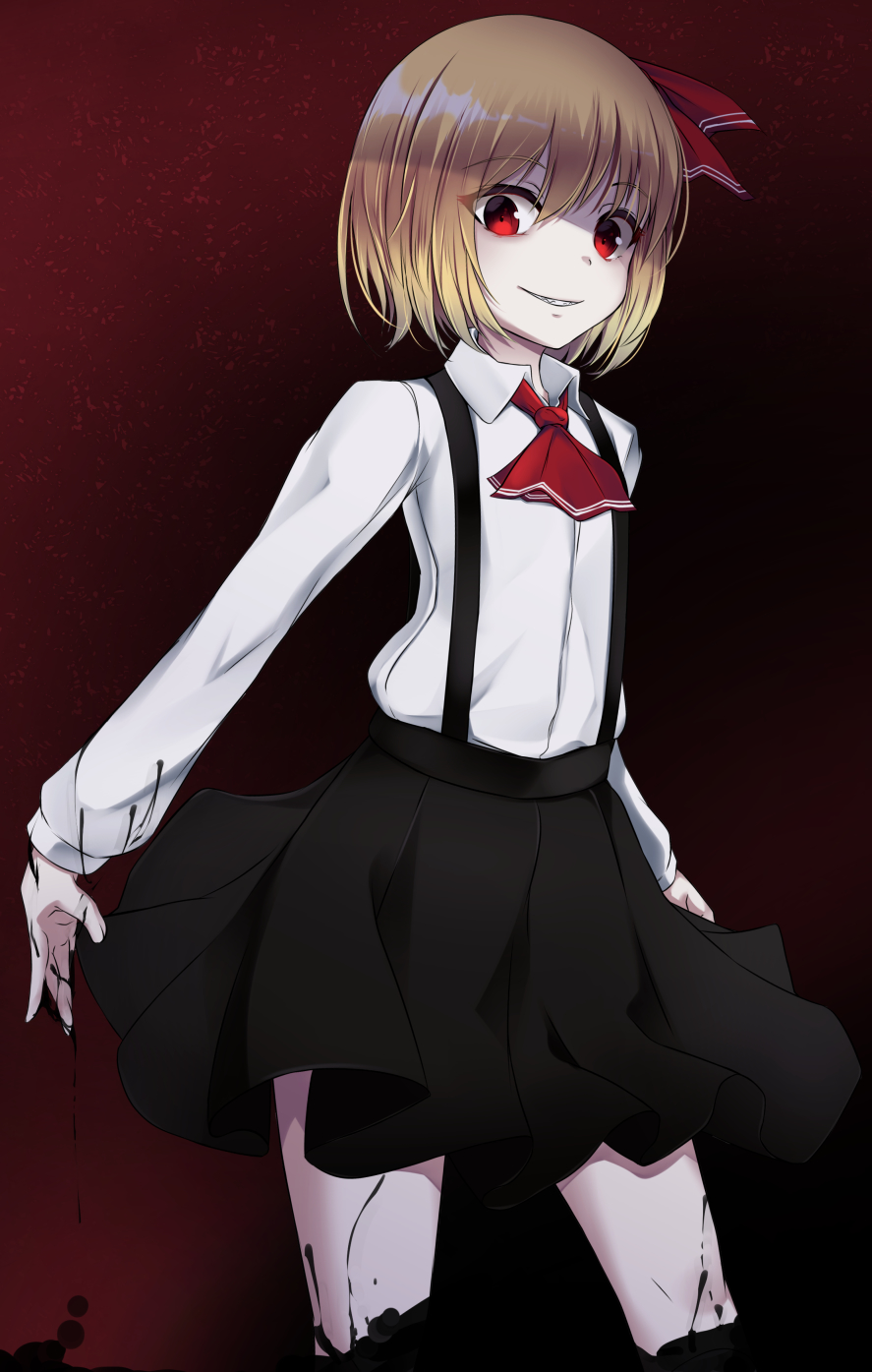 1girl ascot bangs black_background black_skirt blonde_hair cowboy_shot darkness eyebrows_visible_through_hair gradient gradient_background grin hair_ribbon highres long_sleeves looking_at_viewer paburisiyasu red_background red_eyes red_neckwear red_ribbon ribbon rumia shirt short_hair skirt smile solo suspender_skirt suspenders thighs touhou white_shirt wing_collar