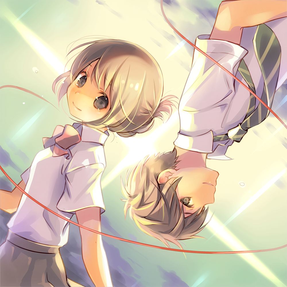 1boy 1girl bangs brown_hair brown_skirt character_request closed_mouth collared_shirt commentary_request from_side green_neckwear grey_eyes kimi_no_na_wa kuga_tsukasa looking_at_viewer neck_ribbon necktie red_ribbon ribbon shirt short_sleeves skirt smile symmetry tears thread tied_hair white_shirt wing_collar