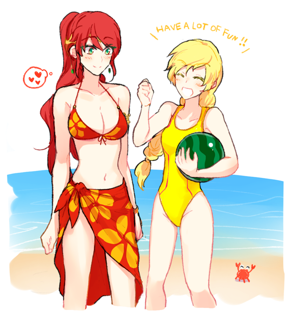 2girls beach blonde_hair blue_eyes breasts chuu cleavage closed_eyes crab english genderswap genderswap_(mtf) green_eyes jaune_arc multiple_girls one-piece_swimsuit ponytail pyrrha_nikos redhead rwby sarong smile swimsuit water watermelon_beach_ball yuri