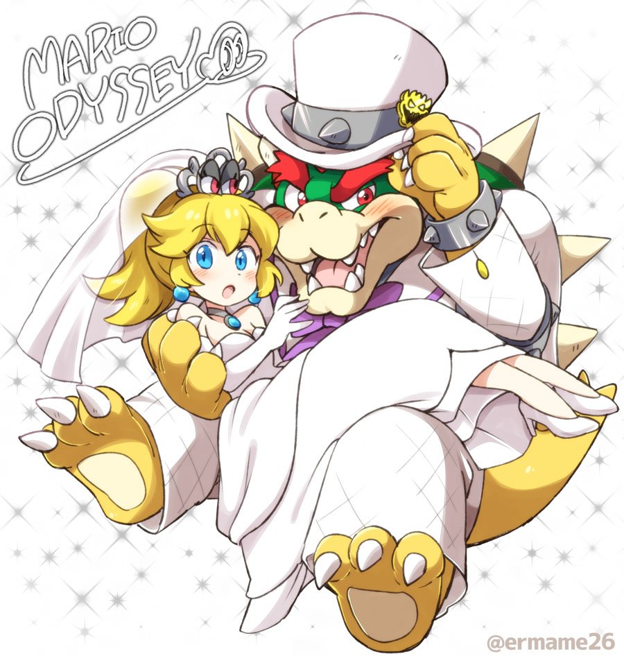 1girl bare_shoulders blonde_hair blue_eyes bowser bridal_veil dress eromame formal gloves hat hetero high_heels jewelry long_hair looking_at_viewer marriage princess_peach spikes suit super_mario_bros. super_mario_odyssey veil wedding_dress