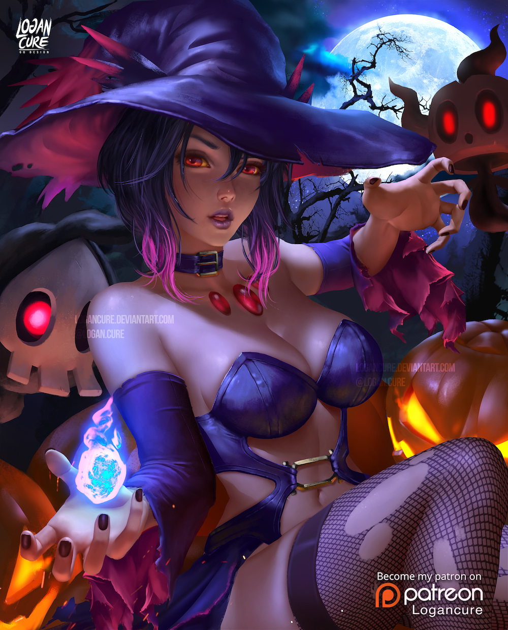1girl artist_name belt_collar breasts chest_jewel collar commentary detached_sleeves duskull fishnet_legwear fishnets full_moon gradient_hair halloween hat highres jack-o'-lantern lips lipstick logan_cure long_hair looking_at_viewer magic makeup mismagius moon multicolored_hair nail_polish parted_lips personification phantump pokemon pumpkin purple_hair purple_lipstick purple_nails red_eyes solo thigh-highs torn_clothes torn_thighhighs watermark web_address witch_hat