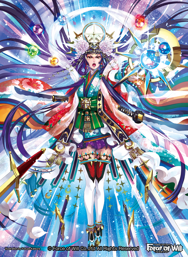 1girl blue_hair copyright_name crown crystal_ball dagger flower force_of_will fukuzou hair_ornament japanese_clothes katana long_hair official_art open_mouth solo sparkle staff star_(sky) sword tantou teeth thigh-highs very_long_hair weapon yellow_eyes