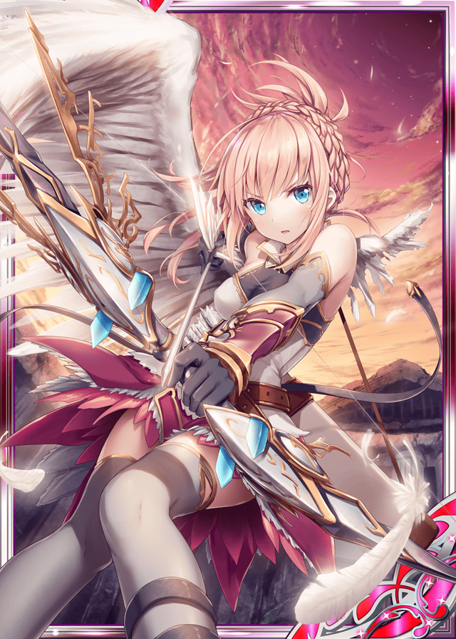 1girl akkijin angel archery armor blonde_hair blue_eyes bow braid card_(medium) feathered_wings feathers looking_at_viewer orange_sky outdoors ruins shinkai_no_valkyrie single_wing sky solo thigh-highs wings