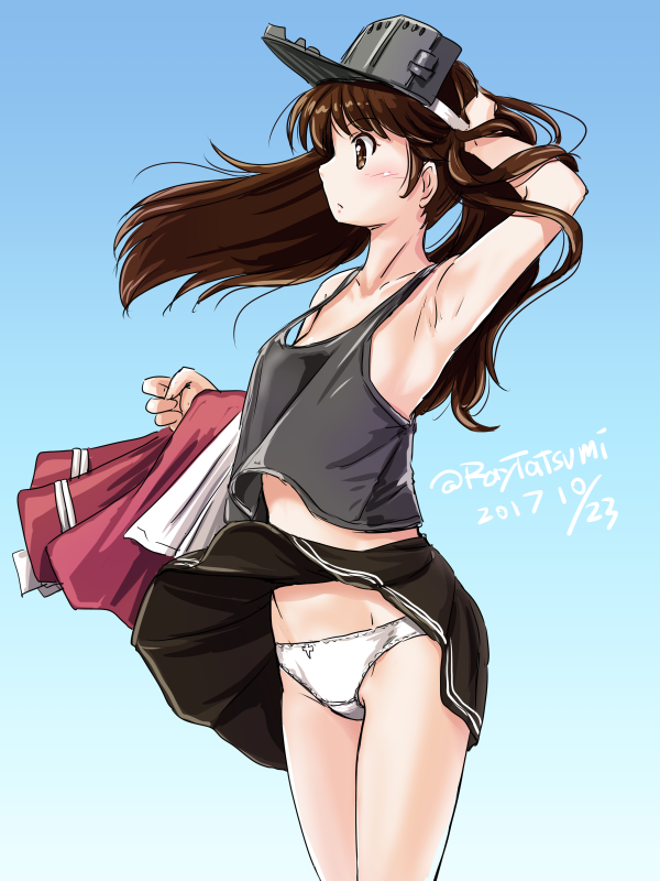 1girl black_skirt blue_background brown_eyes brown_hair clothes_removed cowboy_shot dated flat_chest gradient gradient_background holding_clothes japanese_clothes kantai_collection kariginu long_hair panties pleated_skirt ryuujou_(kantai_collection) skirt skirt_lift solo standing tatsumi_rei twintails twitter_username undershirt underwear visor_cap white_panties wind wind_lift