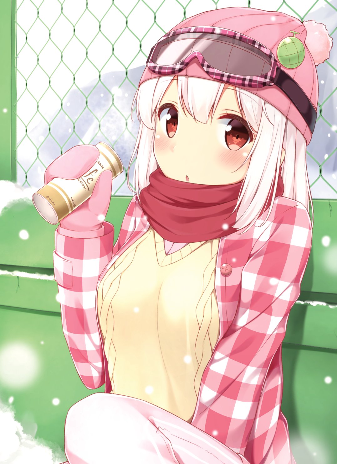 1girl blush can chain-link_fence commentary_request fence hat highres jacket karutamo long_hair long_sleeves looking_at_viewer mittens original plaid_jacket pom_pom_(clothes) red_eyes red_scarf scarf sitting snow snowing solo sweater tisshu_(karutamo) white_hair winter_clothes yellow_sweater