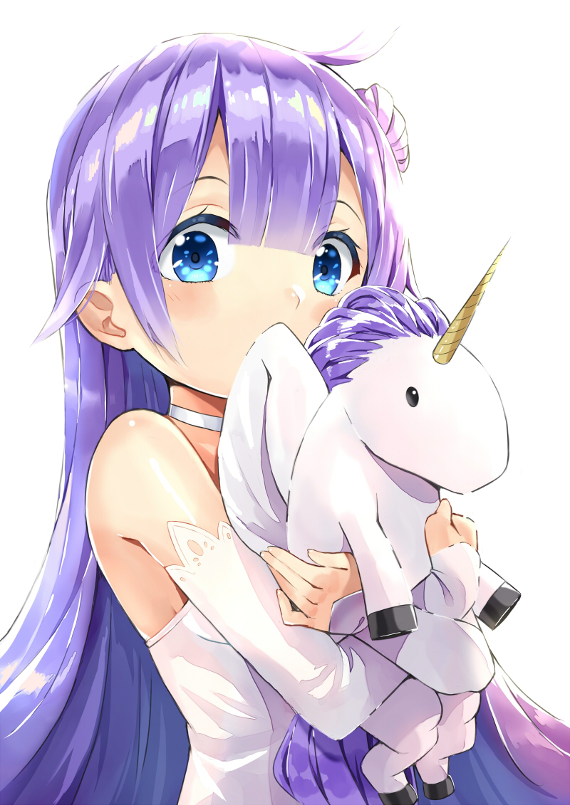 1girl azur_lane blue_eyes choker commentary_request covering_mouth detached_sleeves doll_hug dress long_hair looking_at_viewer purple_hair shitou_(1992116210) solo stuffed_animal stuffed_toy stuffed_unicorn unicorn_(azur_lane) white_dress