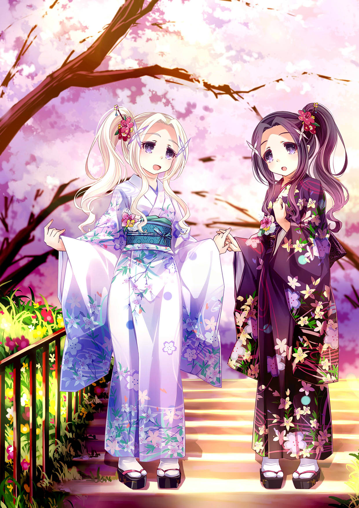 2girls 54hao :d :o blush cherry_blossoms clogs commentary_request eyebrows_visible_through_hair fingernails floral_print flower hair_flower hair_intakes hair_ornament hand_up head_tilt high_ponytail highres interlocked_fingers japanese_clothes kimono lipstick long_hair long_sleeves looking_at_viewer makeup multiple_girls nail_polish open_mouth original pigeon-toed pink_nails ponytail print_kimono purple_hair purple_kimono railing siblings sidelocks smile stairs standing tabi tareme tree twins violet_eyes white_hair white_kimono white_legwear wide_sleeves x_hair_ornament zouri