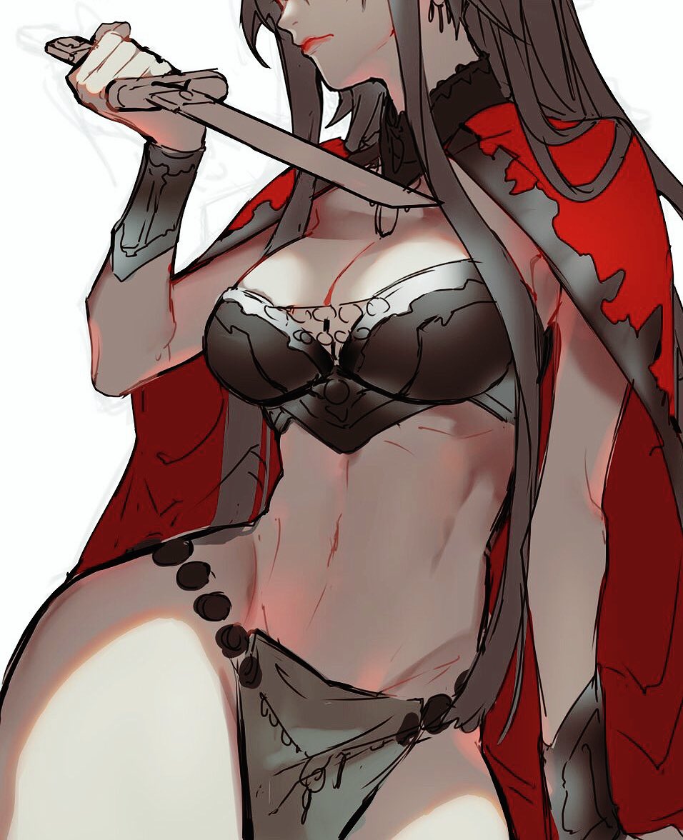1girl breasts cape character_request cleavage dagger head_out_of_frame lips loalo loincloth long_hair midriff reverse_grip solo weapon