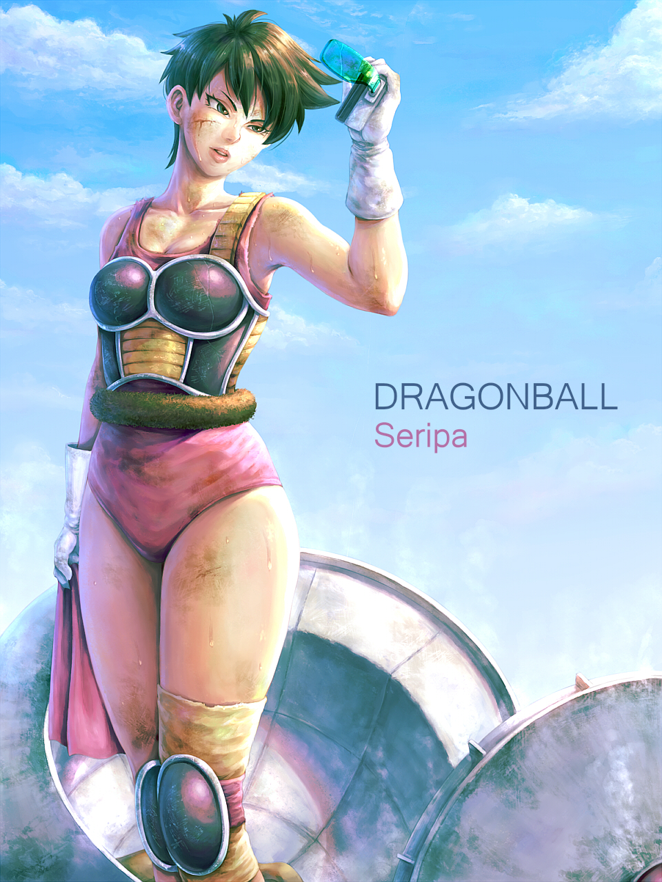 1girl alone armor bare_shoulders black_eyes black_hair boots breasts character_name clouds copyright_name dragon_ball dragonball_z eply female gloves hatch highres knee_pads looking_at_viewer medium_breasts monkey_tail saiyan scar_on_cheek scouter seripa short_hair single_thighhigh sitting sky solo tail tail_wrap thick_thighs thigh-highs thighs white_footwear white_gloves