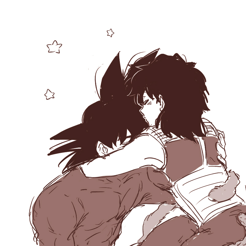 1boy 1girl armor back_turned bardock black_eyes black_hair closed_eyes couple dragon_ball forehead_kiss gine hug kiss miiko_(drops7) monochrome sepia short_hair simple_background star tail white_background