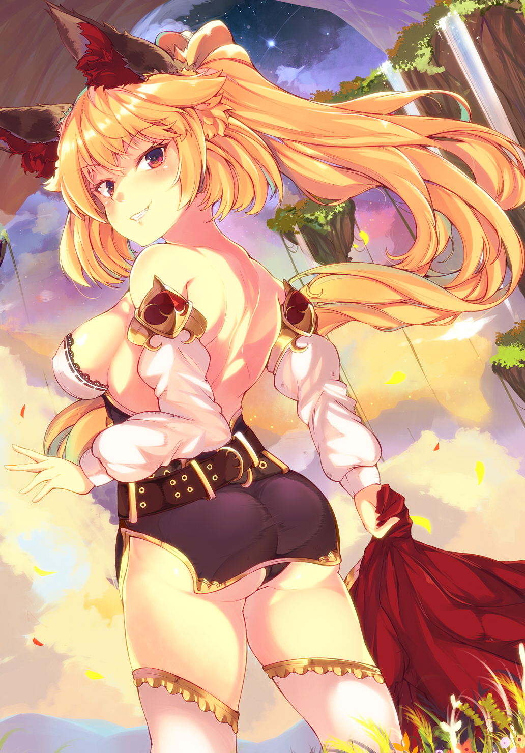 1girl animal_ears ass backless_outfit bangs bare_back barefoot belt black_panties blonde_hair blush breasts brown_belt commentary_request detached_sleeves erect_nipples eyebrow_piercing floating_hair fox_ears from_behind grin highres holding long_hair looking_at_viewer looking_back medium_breasts mizuyoukan_(mikususannda) original panties pantyshot pantyshot_(standing) parted_lips petals piercing red_eyes sky smile solo standing star_(sky) thigh-highs twintails underwear water waterfall white_legwear wind