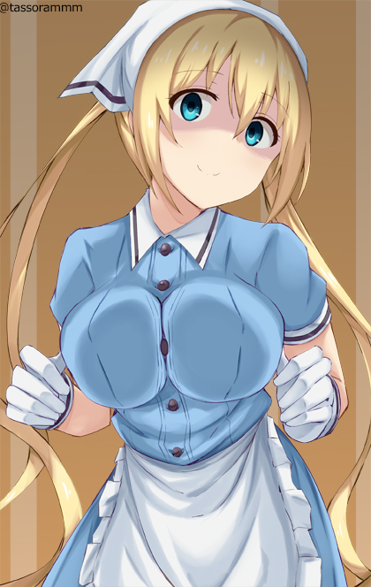 1girl apron bangs blend_s blonde_hair blue_eyes blue_shirt blue_skirt breast_press brown_background closed_mouth commentary_request eyebrows_visible_through_hair frilled_apron frills gloves hair_between_eyes head_scarf head_tilt hinata_kaho long_hair looking_at_viewer shaded_face shirt short_sleeves sidelocks simple_background skirt smile solo tasora twintails twitter_username uniform very_long_hair waist_apron waitress white_apron white_gloves