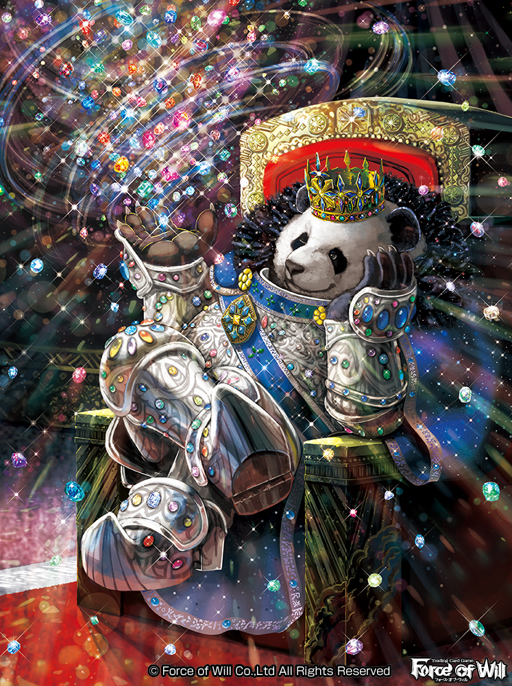 1boy armor armored_boots boots cape company_name crown force_of_will fur_trim furry gem kusanagi_chouen male_focus official_art one_eye_closed panda sitting solo sparkle taegrus_pearlshine_(force_of_will) throne