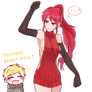 ... blonde_hair blush chibi chuu closed_eyes commentary elbow_gloves english gloves green_eyes jaune_arc lowres meme_attire pyrrha_nikos redhead rwby virgin_killer_sweater