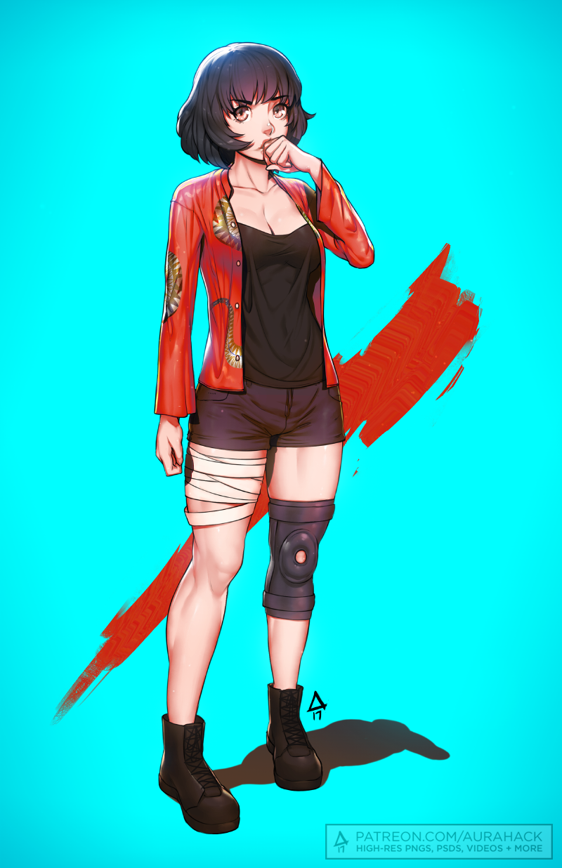 1girl bandage bandaged_leg black_footwear black_hair breasts brown_eyes cleavage collarbone erica_june_lahaie hand_to_own_mouth highres jacket knee_brace large_breasts original shadow short_shorts shorts signature solo watermark web_address