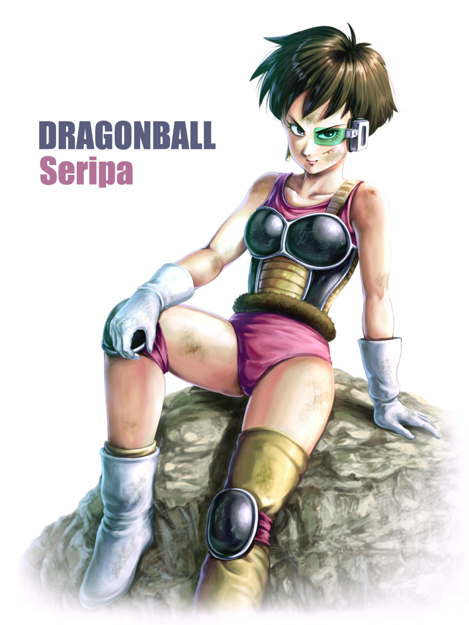 1girl armor black_eyes black_hair boots character_name copyright_name dragon_ball dragonball_z eply gloves highres knee_pads looking_at_viewer monkey_tail scar_on_cheek scouter seripa short_hair single_thighhigh sitting solo tail tail_wrap thigh-highs white_footwear white_gloves