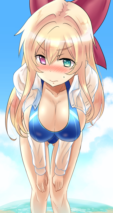 1girl blonde_hair blue_sky blue_swimsuit blush bow breasts cleavage closed_mouth collarbone cowboy_shot day flower_knight_girl foreshortening green_eyes hair_bow heterochromia ishizu_kayu ivy_(flower_knight_girl) large_breasts leaning_forward long_hair looking_at_viewer nose_blush one-piece_swimsuit open_clothes open_shirt red_bow see-through shirt sky solo swimsuit violet_eyes wet wet_clothes wet_shirt