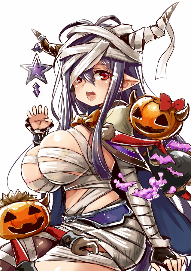 1girl antenna_hair bandage black_hair blush bow breasts claw_pose commentary danua doll doraf granblue_fantasy gretel_(granblue_fantasy) hair_between_eyes halloween hansel_(granblue_fantasy) horn_ornament horns jack-o'-lantern large_breasts long_hair looking_at_viewer open_mouth pointy_ears red_bow red_eyes sitting sketch star unname white_background