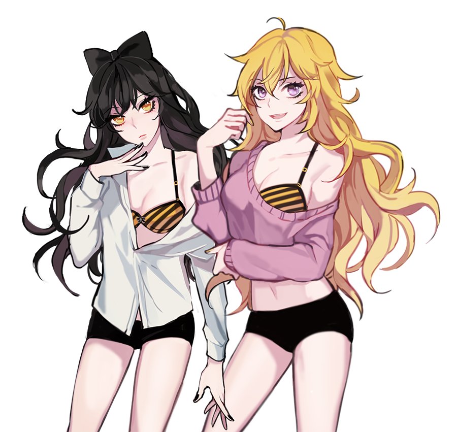 2girls bikini black_hair black_panties black_shorts blake_belladonna blonde_hair ecru multiple_girls open_clothes open_shirt panties rwby shirt shorts sweater swimsuit underwear violet_eyes yang_xiao_long yellow_eyes