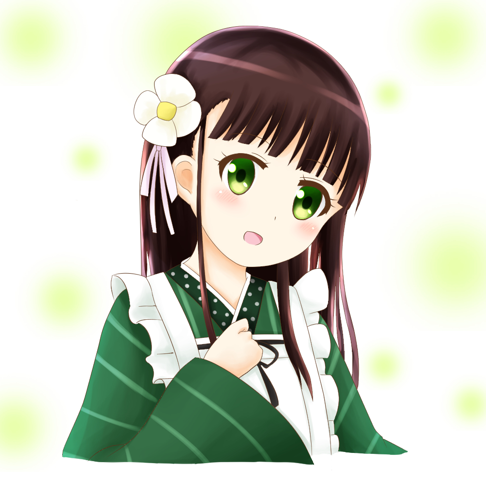 1girl :d ama_usa_an_uniform apron bangs blunt_bangs blush brown_hair eyebrows_visible_through_hair flat_chest flower gochuumon_wa_usagi_desu_ka? green_eyes green_kimono hair_flower hair_ornament hand_on_own_chest head_tilt japanese_clothes kimono long_hair looking_at_viewer lunatic. maid_apron open_mouth pink_ribbon polka_dot_trim portrait ribbon smile solo striped striped_kimono two-tone_background ujimatsu_chiya white_apron white_flower wide_sleeves