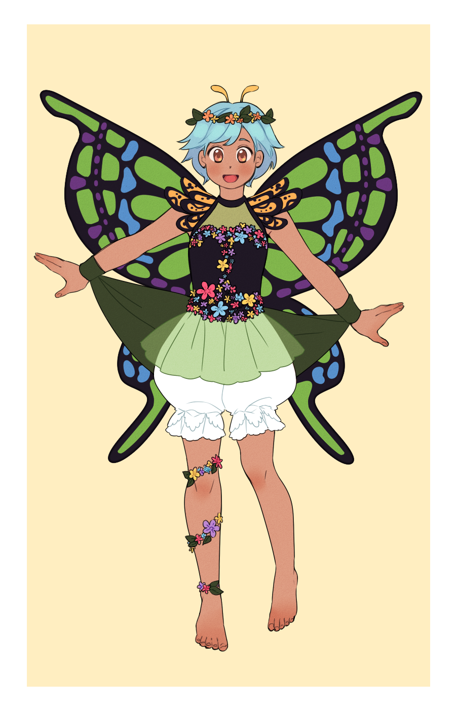 1girl :d adapted_costume antennae barefoot bloomers blue_hair blush brown_eyes butterfly_wings dark_skin dress eternity_larva head_wreath highres looking_at_viewer nekolina open_mouth outstretched_arms short_hair smile solo tan touhou underwear wings wrist_cuffs