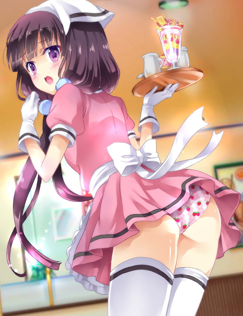 1girl apron ass bangs blend_s blunt_bangs bow commentary_request eyebrows_visible_through_hair food food_print frilled_apron frills from_behind gloves gongitsune_(gongitune2) head_scarf highres holding holding_tray indoors jug long_hair looking_at_viewer looking_back low_twintails open_mouth panties parfait pink_panties pink_shirt pink_skirt pocky print_panties puffy_short_sleeves puffy_sleeves purple_hair sakuranomiya_maika shirt short_sleeves skirt solo standing strawberry_panties strawberry_print thigh-highs tray twintails underwear uniform very_long_hair violet_eyes waist_apron waitress white_apron white_bow white_gloves white_legwear