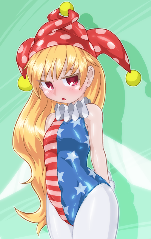 1girl american_flag arms_behind_back bare_arms bare_shoulders blonde_hair blush clownpiece commentary_request cowboy_shot fairy_wings green_background hat jester_cap leotard long_hair looking_at_viewer neck_ruff pantyhose polka_dot red_hat solo star star_print striped touhou very_long_hair white_legwear wings winn