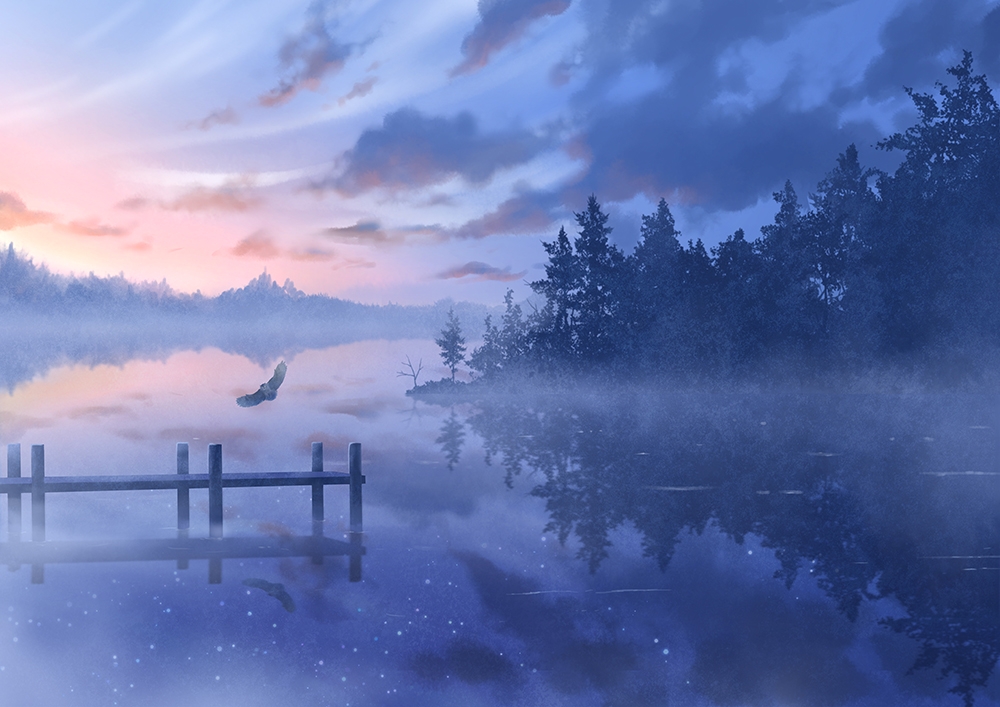 bird blurry clouds depth_of_field dock forest light_particles nature no_humans original owl reflection rien_(sonidori) river scenery sky sunset tree