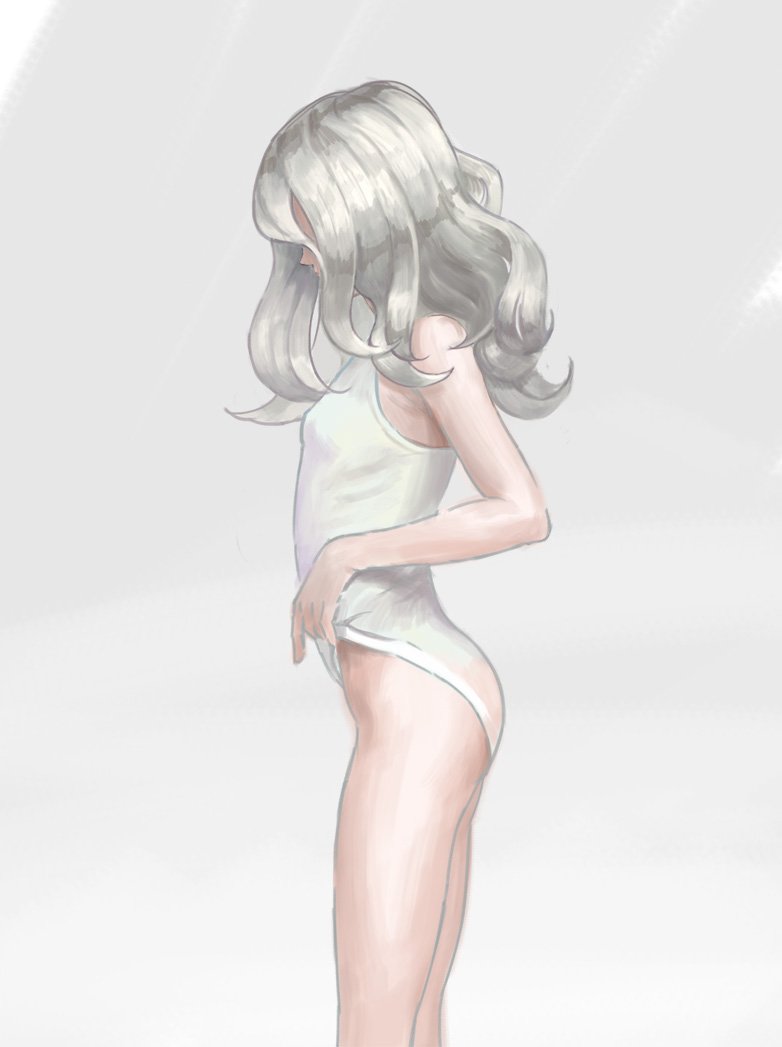 .kitsuna 1girl ass bare_arms bare_legs bare_shoulders breasts commentary_request covered_face cowboy_shot from_side grey_background grey_hair leotard leotard_pull long_hair original profile pulled_by_self small_breasts solo standing wedgie