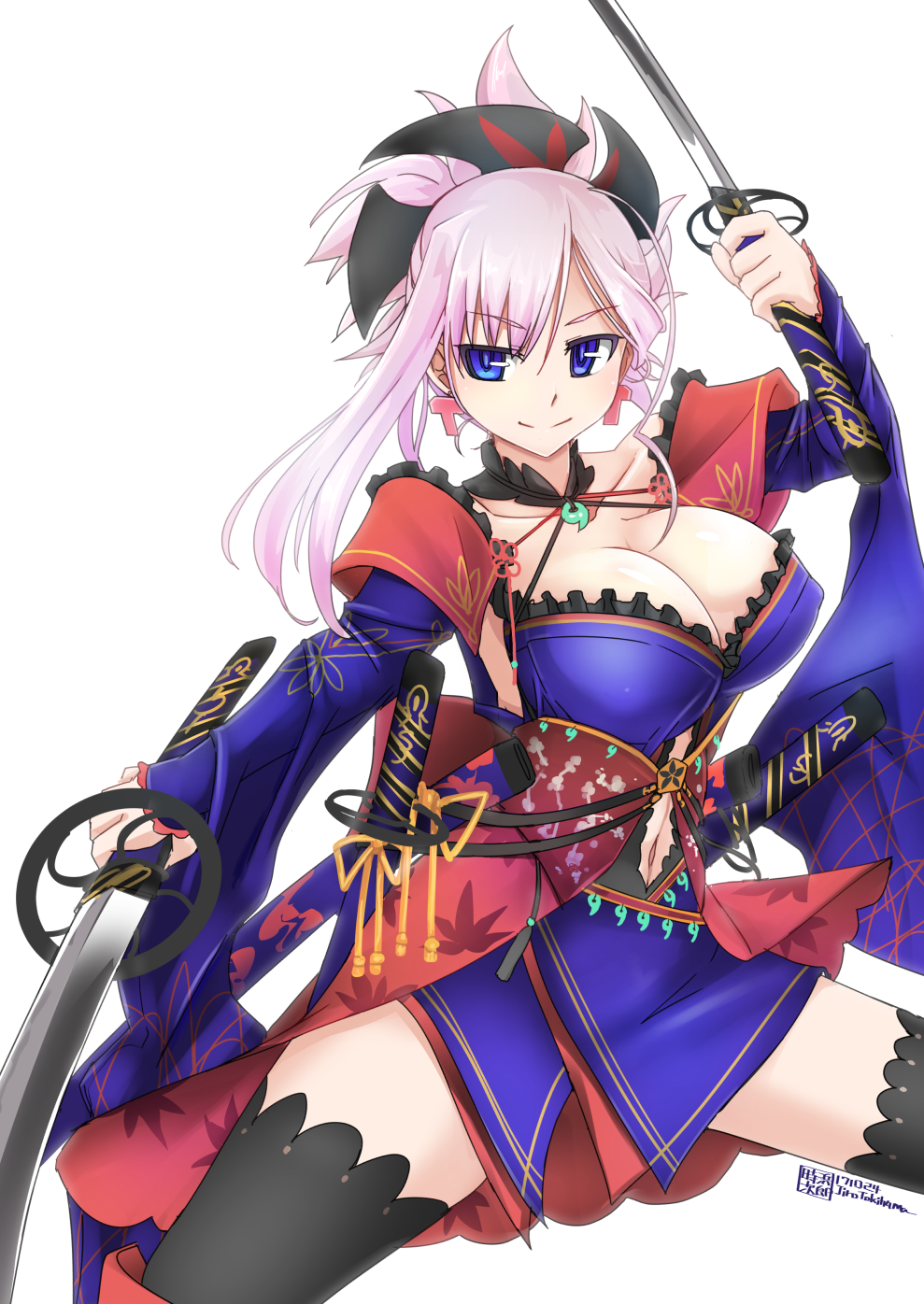 1girl blue_eyes blush breasts collarbone detached_sleeves earrings fate/grand_order fate_(series) hair_ornament highres japanese_clothes jewelry katana kimono large_breasts looking_at_viewer midriff miyamoto_musashi_(fate/grand_order) navel pink_hair ponytail sash short_kimono simple_background smile solo sword thigh-highs tokihama_jirou weapon white_background