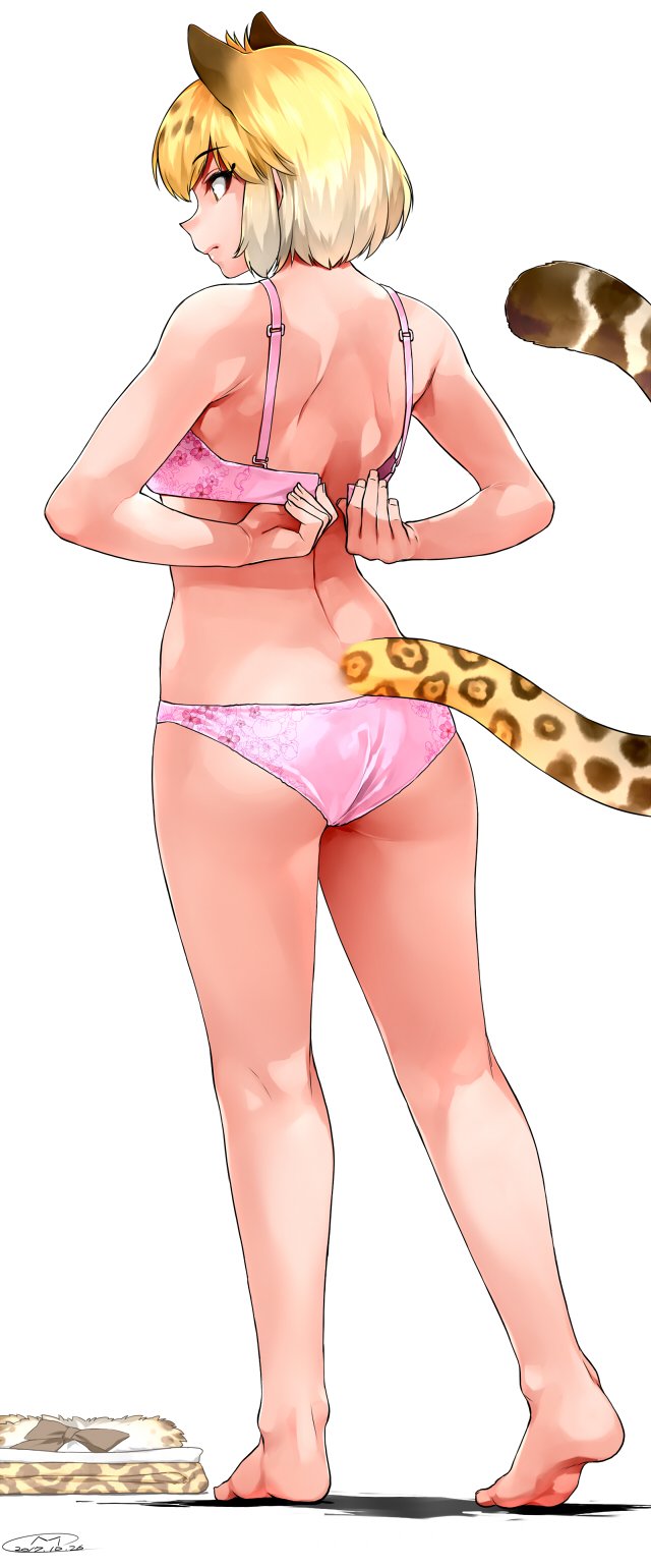 1girl animal_ears ass bare_legs barefoot blonde_hair bra clasping_bra from_behind full_body happa_(cloverppd) highres jaguar_(kemono_friends) jaguar_ears jaguar_tail kemono_friends panties pink_bra pink_panties profile short_hair simple_background solo standing unclasped underwear underwear_only white_background