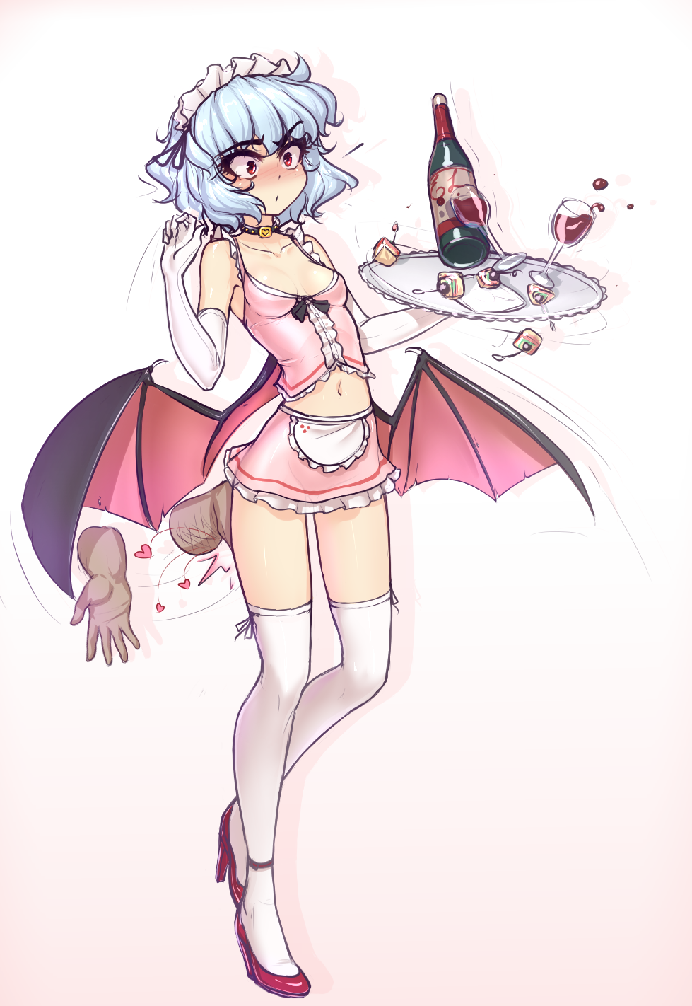 1girl alternate_costume ass_grab bat_wings black_ribbon blue_hair bottle breasts choker collarbone commentary cup disembodied_limb drinking_glass elbow_gloves enmaided full_body gloves grabbing_another's_ass groping hater_(hatater) heart highres maid maid_headdress midriff navel pink_skirt red_eyes red_footwear remilia_scarlet ribbon shoes short_hair simple_background skirt small_breasts solo standing thigh-highs touhou tray white_background white_gloves white_legwear wings