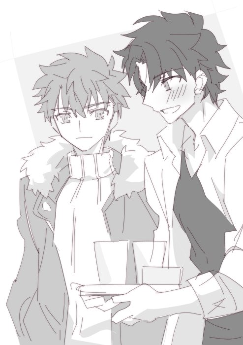 2boys emiya_shirou fate/grand_order fate/stay_night fate_(series) fujimaru_ritsuka_(male) fur_trim greyscale jacket monochrome multiple_boys ribbed_sweater simple_background smile sweater tray turtleneck turtleneck_sweater upper_body white_background