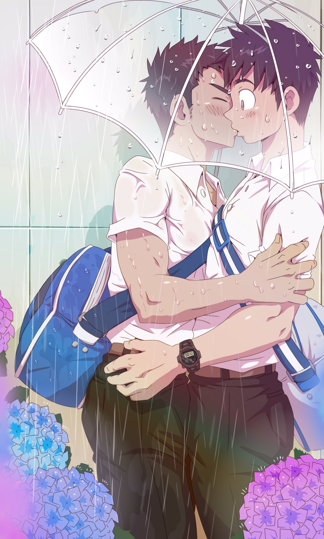 2boys brown_eyes closed_eyes couple erect_nipples flower highres kiss multiple_boys original pt_(pt_blackhole) rain school_uniform shirt short_hair thick_eyebrows umbrella watch watch wet wet_clothes wet_shirt yaoi