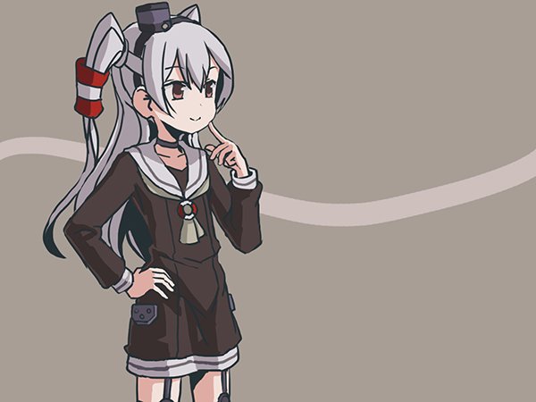 1girl adrian_ferrer amatsukaze_(kantai_collection) choker collarbone dress garter_straps grey_hair hand_on_hip hat kantai_collection long_hair mini_hat sailor_dress smile solo two_side_up windsock