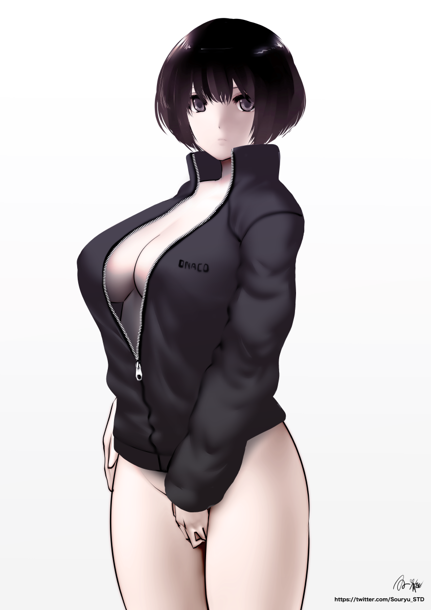 1girl black_eyes black_hair breasts center_opening cleavage closed_mouth covering covering_crotch cowboy_shot expressionless jacket large_breasts long_sleeves looking_at_viewer naked_track_jacket original short_hair solo souryu track_jacket