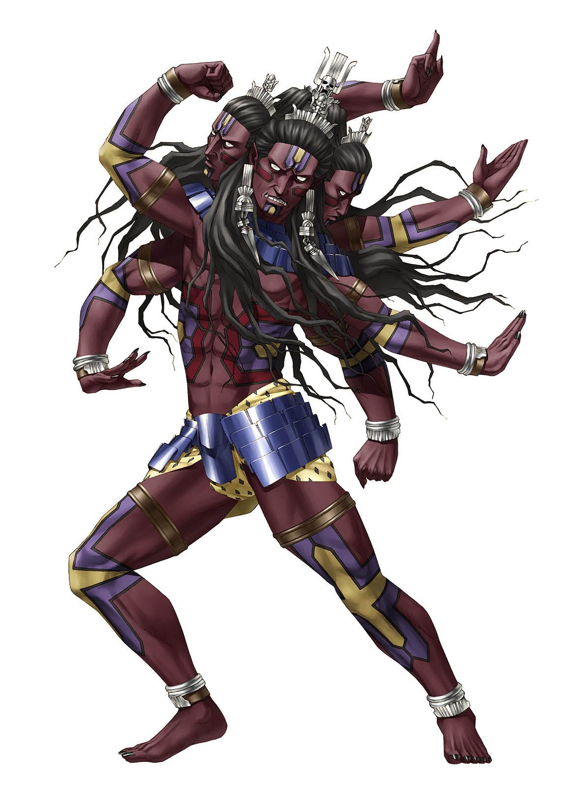 1boy anklet armor asura_(megami_tensei) black_hair black_nails bracelet clenched_hand crown earrings facial_mark fingernails highres jewelry kazuma_kaneko looking_at_viewer multiple_arms multiple_heads nail_polish necklace official_art parted_lips pointy_ears red_skin sharp_fingernails shin_megami_tensei solid_eyes tattoo teeth tusks white_background white_eyes