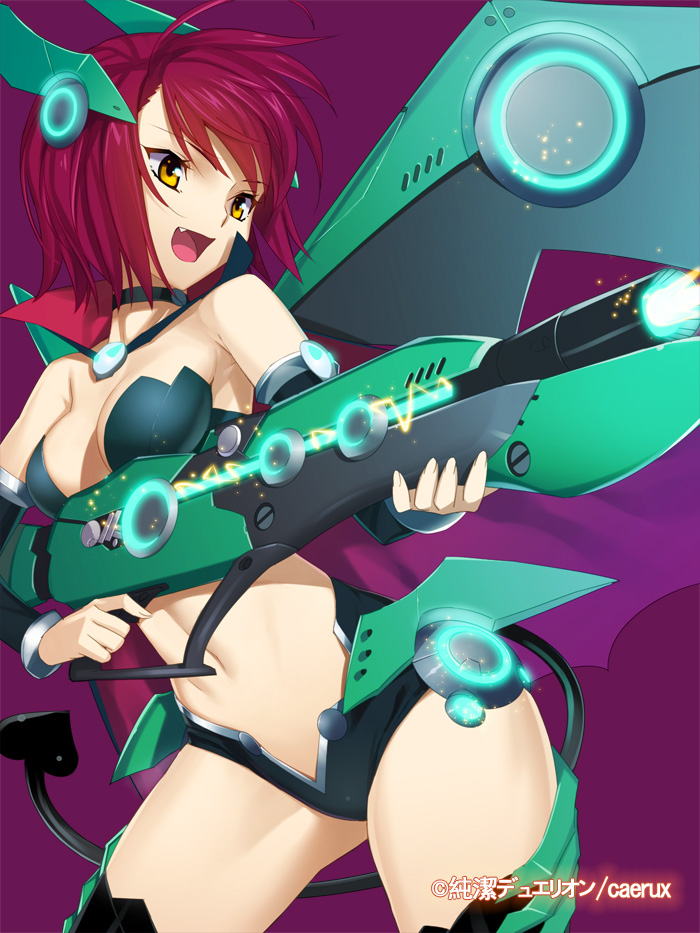 1girl :d black_legwear breasts choker cleavage cowboy_shot demon_tail detached_sleeves fang gun hair_ornament holding holding_gun holding_weapon junketsu_duelion medium_breasts midriff navel open_mouth purple_background redhead revealing_clothes short_hair simple_background smile solo standing stomach strapless tail thigh-highs weapon yangsion yellow_eyes