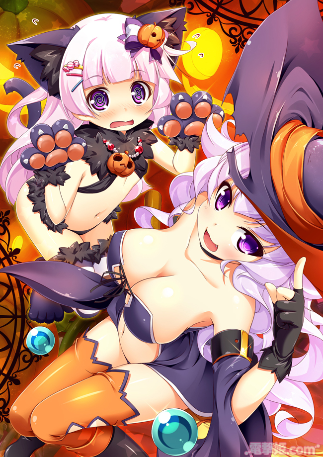 2girls animal_ears arm_up arms_up bikini bikini_top black_skirt blush boots breasts cat_ears cat_tail character_request cleavage collarbone dengeki_hime detached_sleeves embarrassed fang fingerless_gloves flat_chest from_above gloves hair_ornament hairclip halloween halloween_costume hat jack-o'-lantern jewelry knee_boots knees_together_feet_apart koihime_musou kuwada_yuuki leaning_forward long_hair looking_up multiple_girls navel necklace official_art open_mouth orange_legwear paw_gloves paw_pose paw_shoes paws pink_hair shoes skirt smile striped striped_legwear swimsuit tail thigh-highs violet_eyes watermark witch_hat
