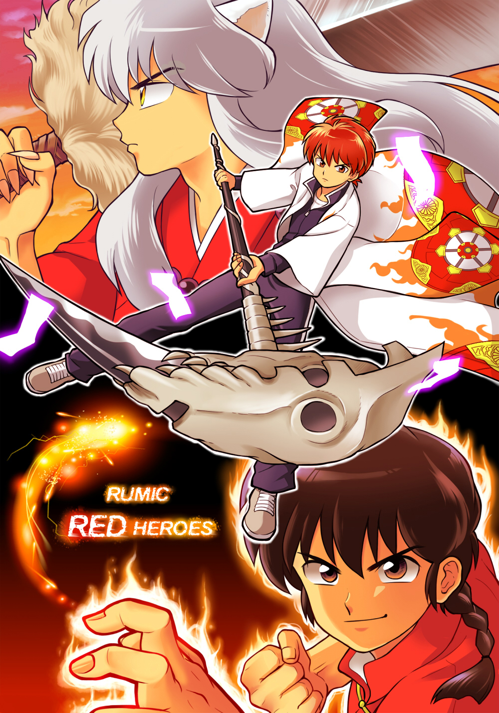 3boys animal_ears aura black_hair brown_eyes coat dog_ears english fighting_stance fingernails highres inuyasha inuyasha_(character) japanese_clothes kdc_(tamaco333) kyoukai_no_rinne male_focus multiple_boys ranma_1/2 rokudou_rinne saotome_ranma scythe sharp_fingernails shoes smile sneakers sword weapon white_hair wide_sleeves yellow_eyes