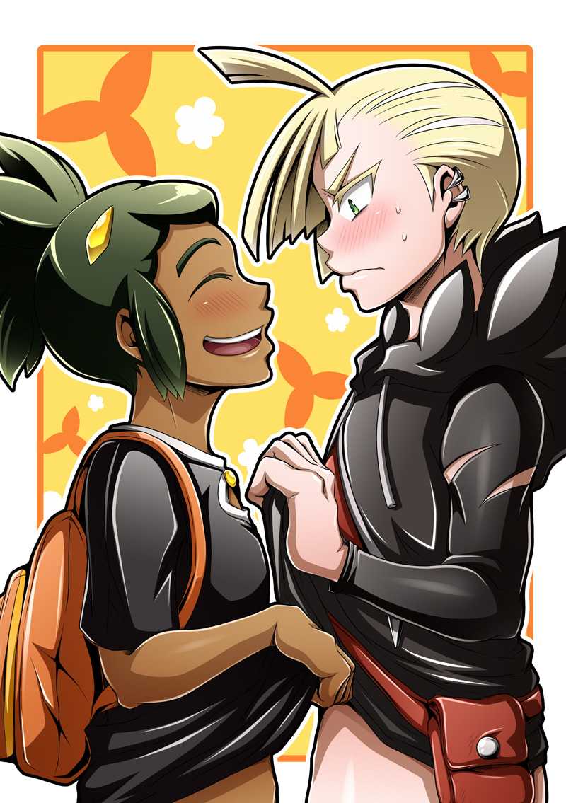 2boys black_hair blonde_hair blush closed_eyes dark_skin dark_skinned_male dynaxin gladio_(pokemon) green_eyes hair_over_one_eye hau_(pokemon) hood hoodie multiple_boys pokemon pokemon_(game) pokemon_sm shirt shirt_lift short_hair smile t-shirt yaoi