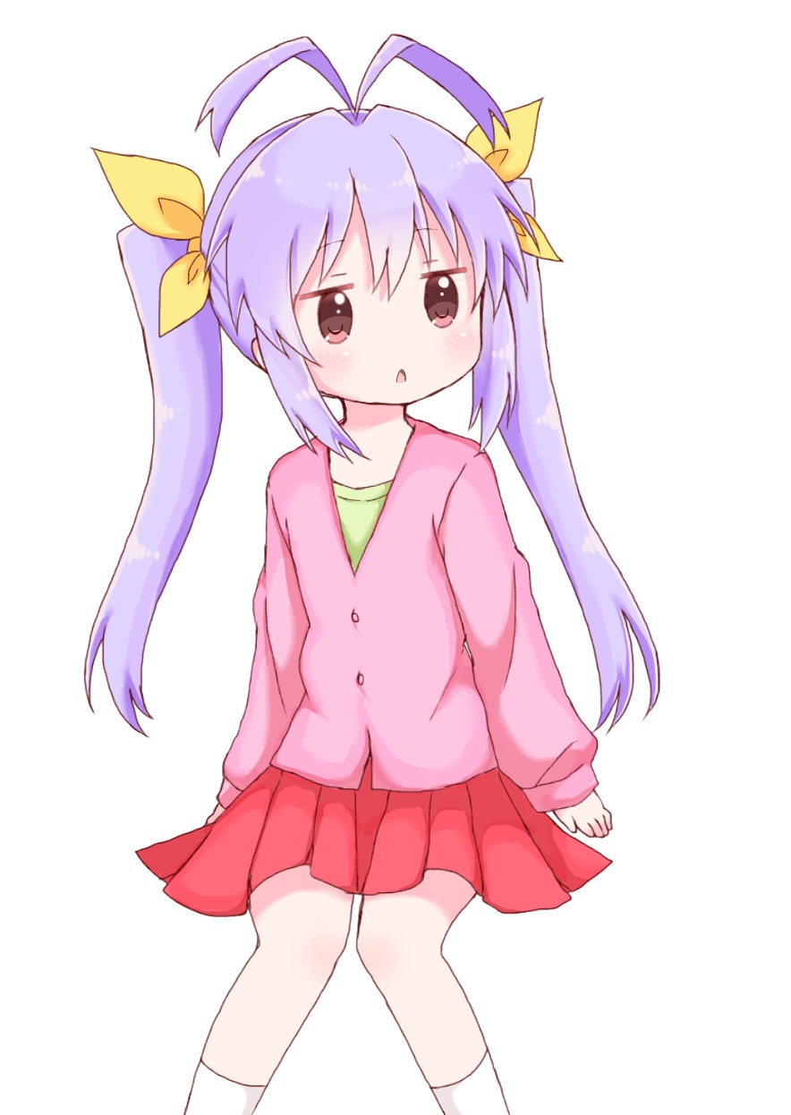 antenna_hair bangs blush brown_eyes chestnut_mouth eyebrows_visible_through_hair hair_between_eyes hair_ribbon highres jitome knees_together_feet_apart long_hair long_sleeves looking_away looking_to_the_side miyauchi_renge non_non_biyori parted_lips pink_shirt pleated_skirt purple_hair red_skirt ribbon shika_(s1ka) shirt simple_background sitting skirt sleeves_past_wrists socks twintails white_background white_legwear yellow_ribbon