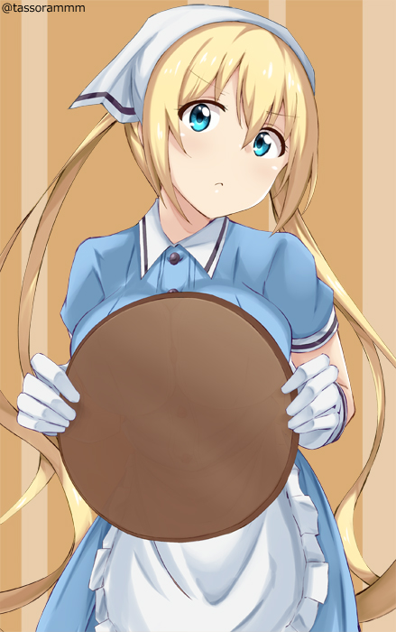 1girl apron bangs blend_s blonde_hair blue_eyes blue_shirt blue_skirt brown_background closed_mouth commentary_request eyebrows_visible_through_hair frilled_apron frills gloves hair_between_eyes head_scarf head_tilt hinata_kaho holding holding_tray long_hair looking_at_viewer shirt short_sleeves sidelocks simple_background skirt solo tasora tray twintails twitter_username uniform very_long_hair waist_apron waitress white_apron white_gloves