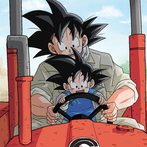 2boys :d artist_name black_eyes black_hair chinese_clothes dated dragon_ball dragon_ball_super dragonball_z driving father_and_son happy lowres male_focus multiple_boys open_mouth short_hair sky smile son_gokuu son_goten spiky_hair tractor